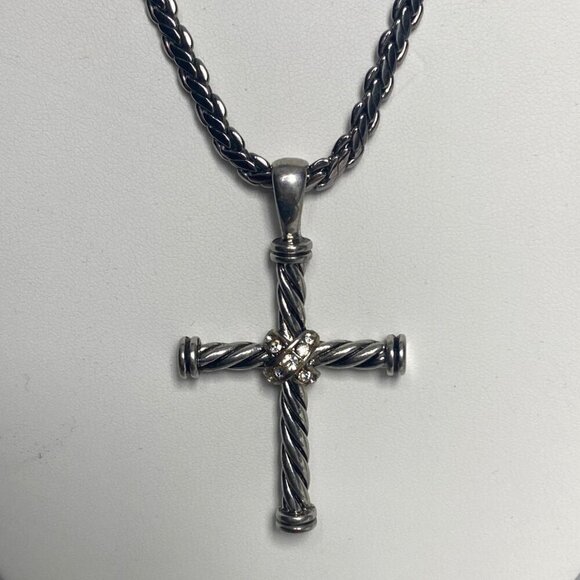 Silver Tone Rope Chain Necklace Chunky Twisted Cross Pendant Rhinestone Accents - Picture 2 of 9